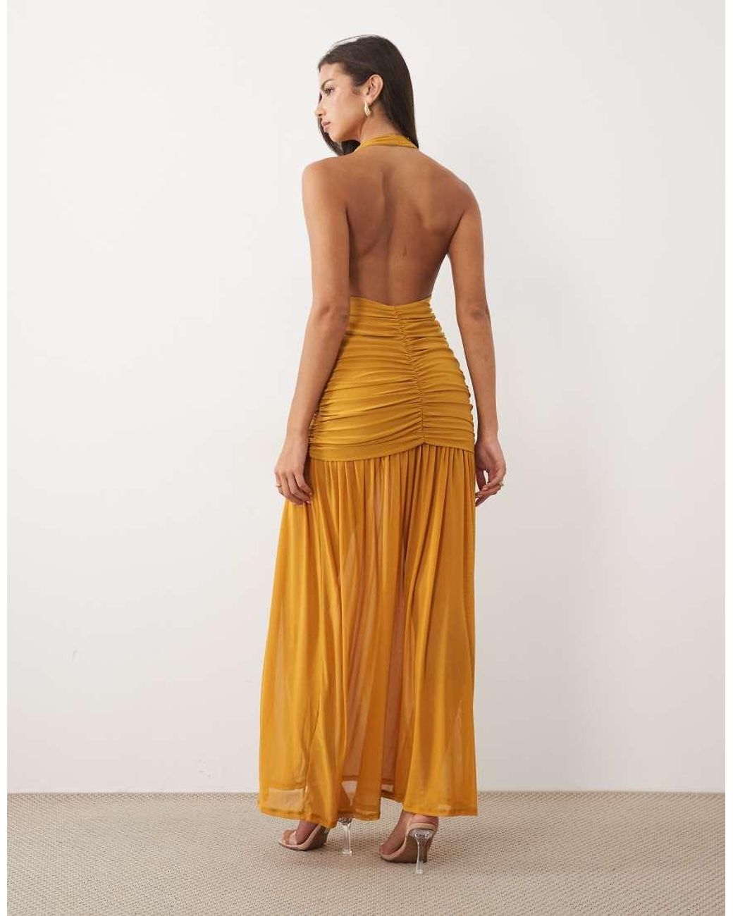 ASOS Natural Halter Neck Ruched Maxi Dress With Sheer Skirt