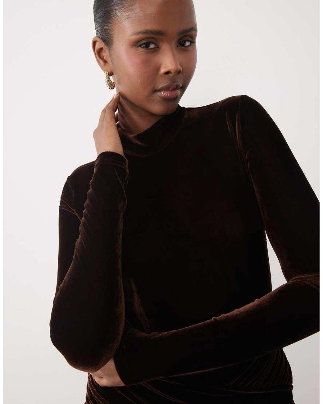 Bardot Black Velvet High Neck Long Sleeve Ruched Detail Godet Maxi Dress