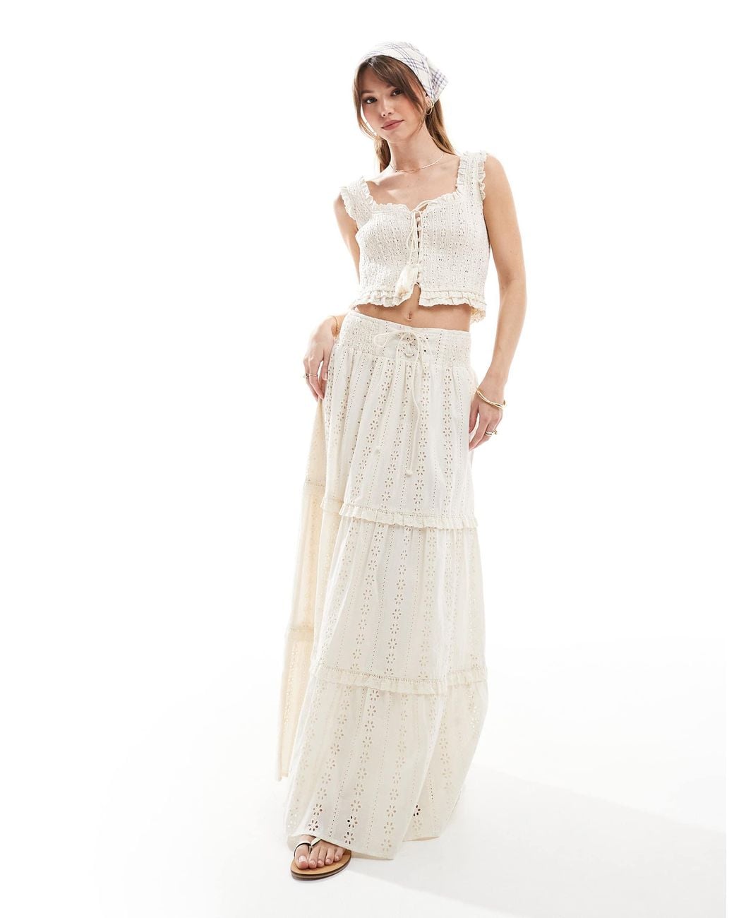 The Frolic Natural Exclusive Broderie Shirred Tie Tassel Detail Crop Top Co-ord