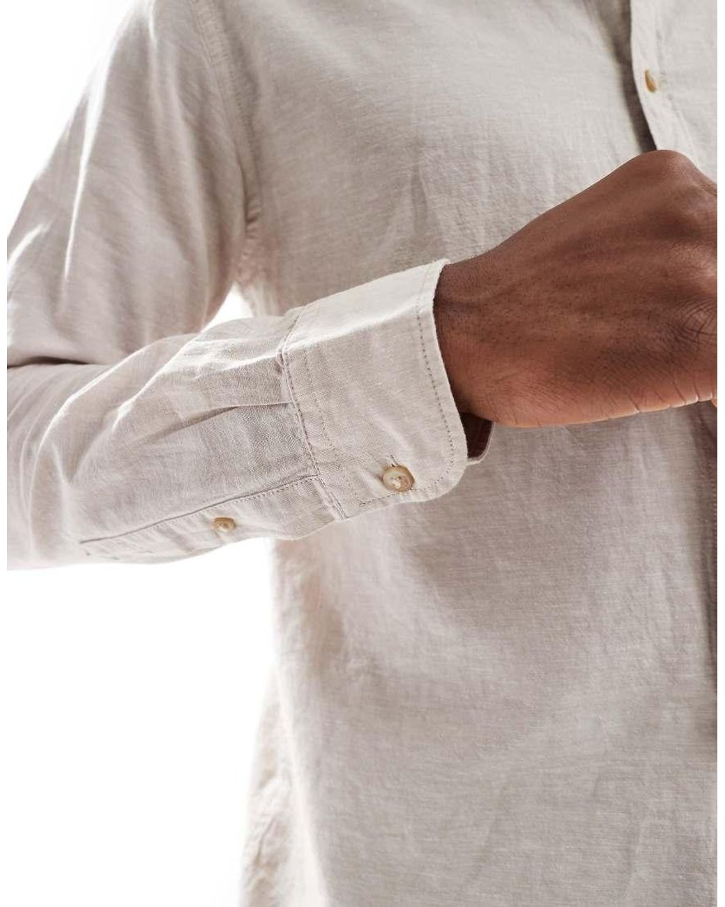 JJ Rebel White Long Sleeve Linen Blend Shirt Beige for men
