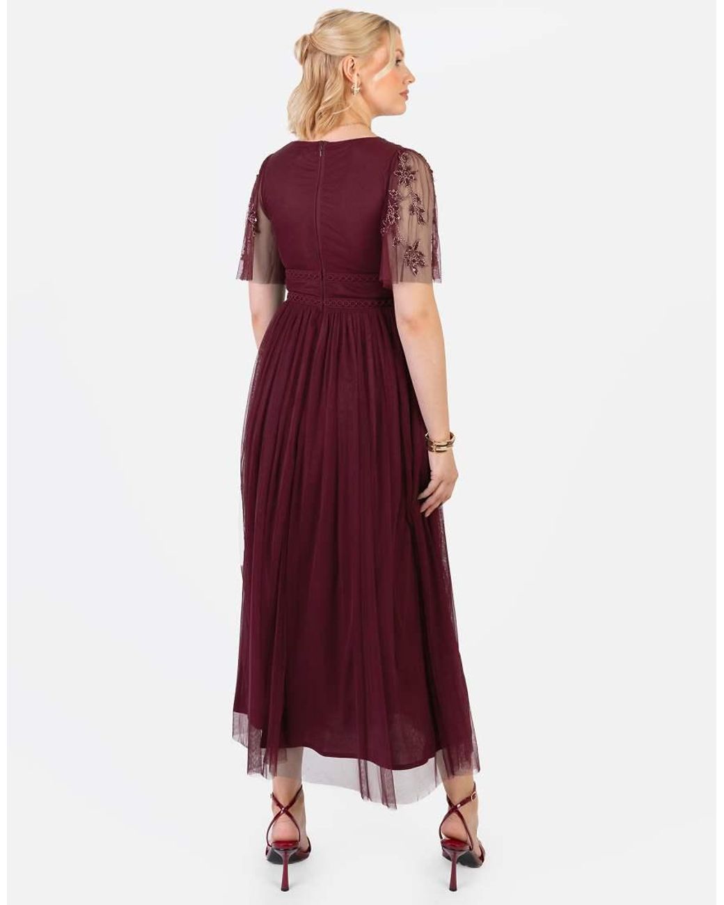 Maya Red Embellished Short Sleeve Open Back Midaxi Dress