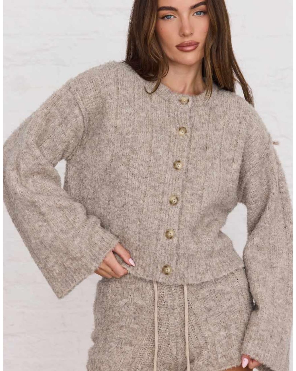 Aria Cove Gray Slouchy Ribbed Knit Wide Sleeve Cardigan Co-Ord