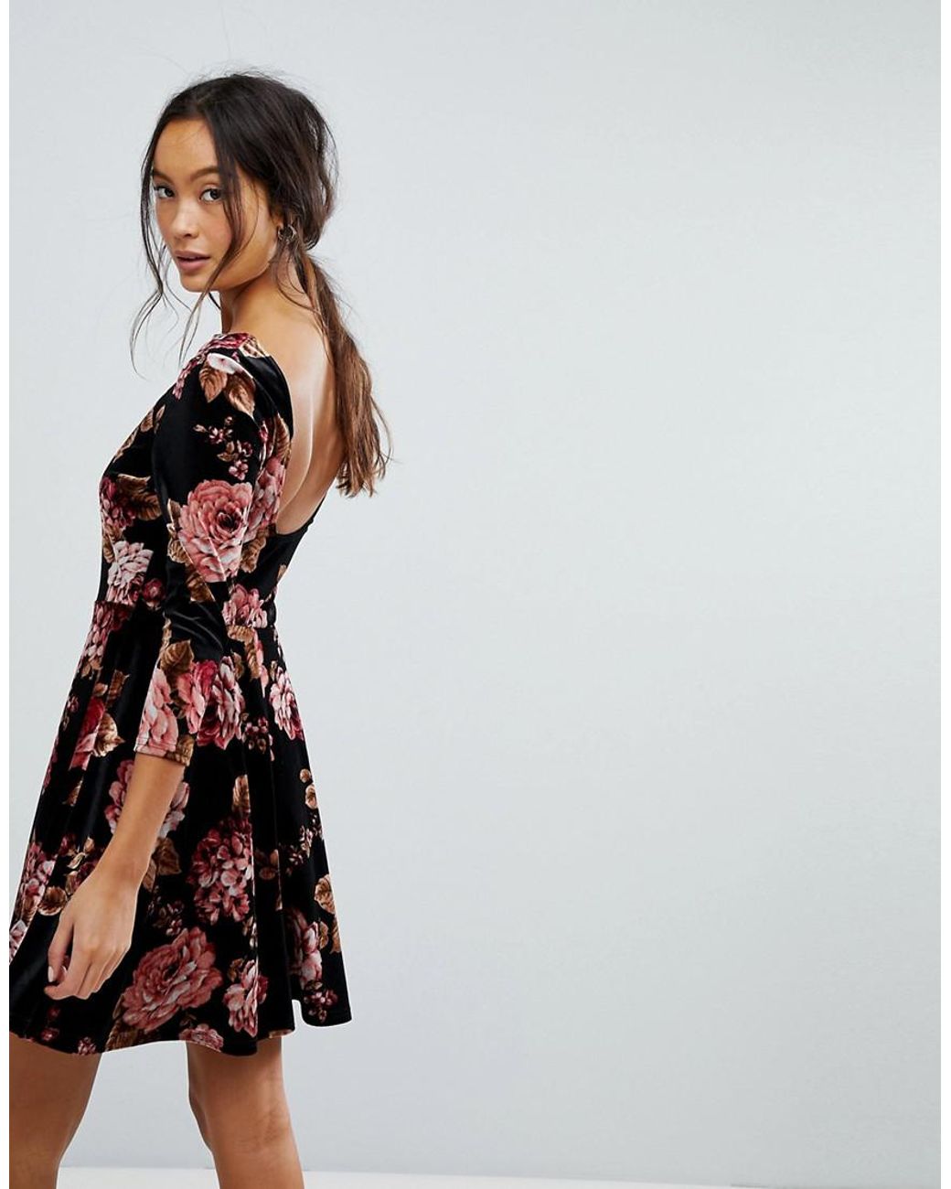 New Look Floral Velvet Scoop Back Skater Dress in Black | Lyst UK