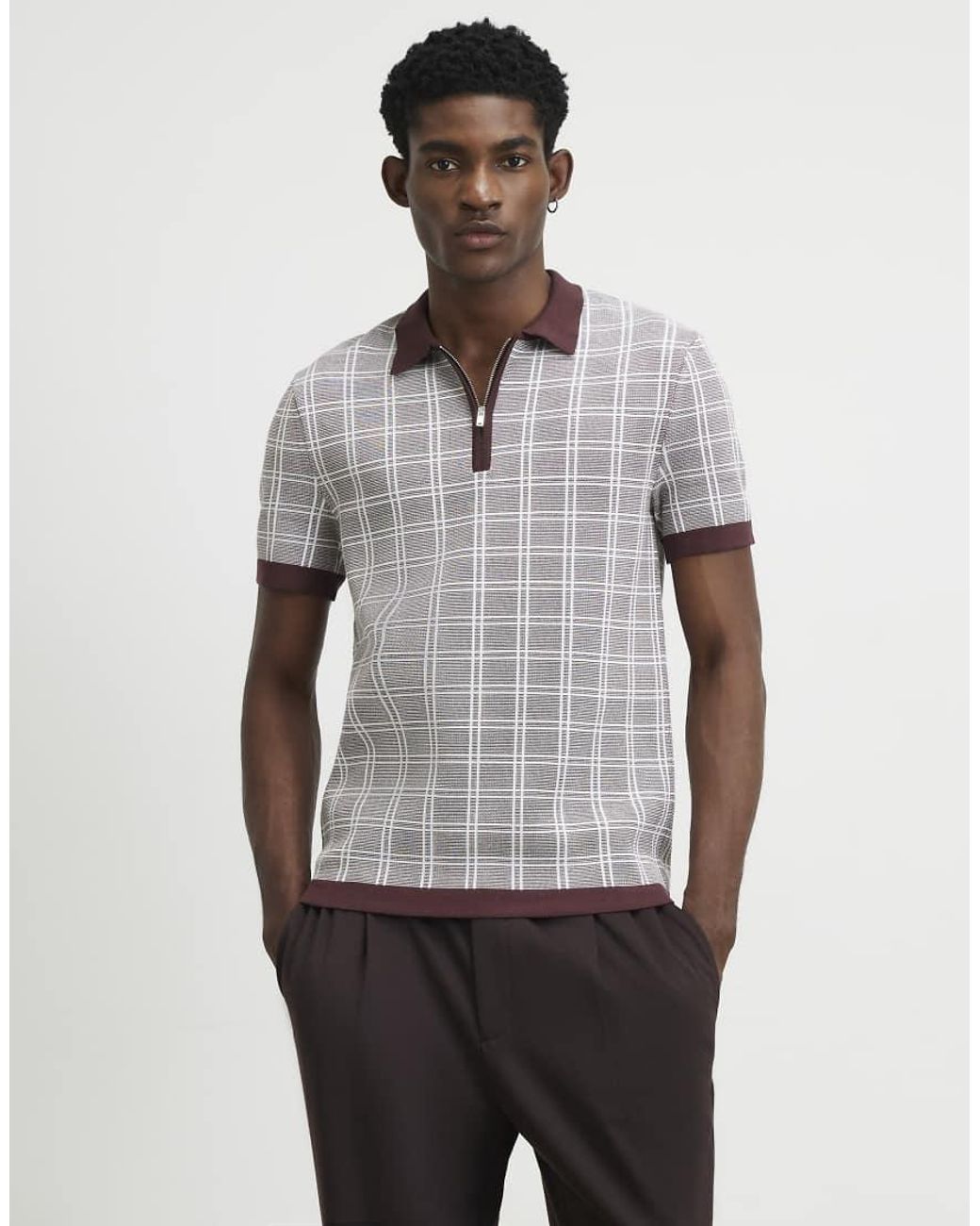River Island Gray Slim Fit Check Knitted Polo Shirt for men