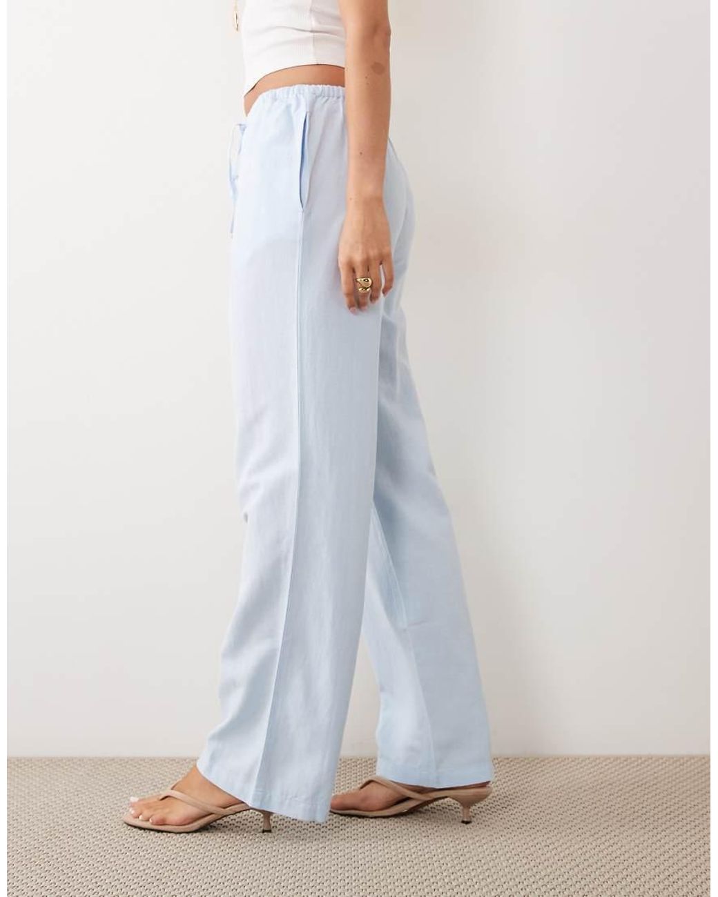 Vila Blue Linen Touch Tie Waist Wide Leg Trouser