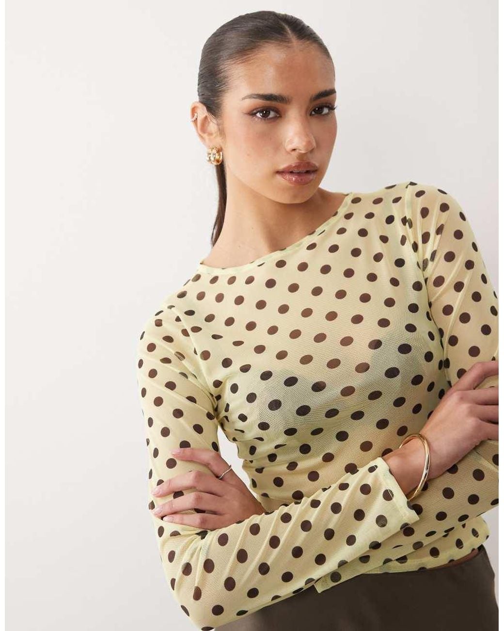 ASOS Natural Printed Mesh Long Sleeve Top