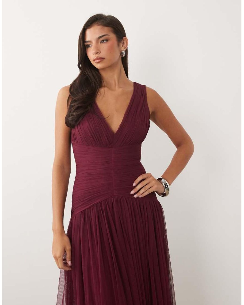 LACE & BEADS Purple Bridesmaid Tulle Sleeveless Dropped Waist Tiered Hem Maxi Dress