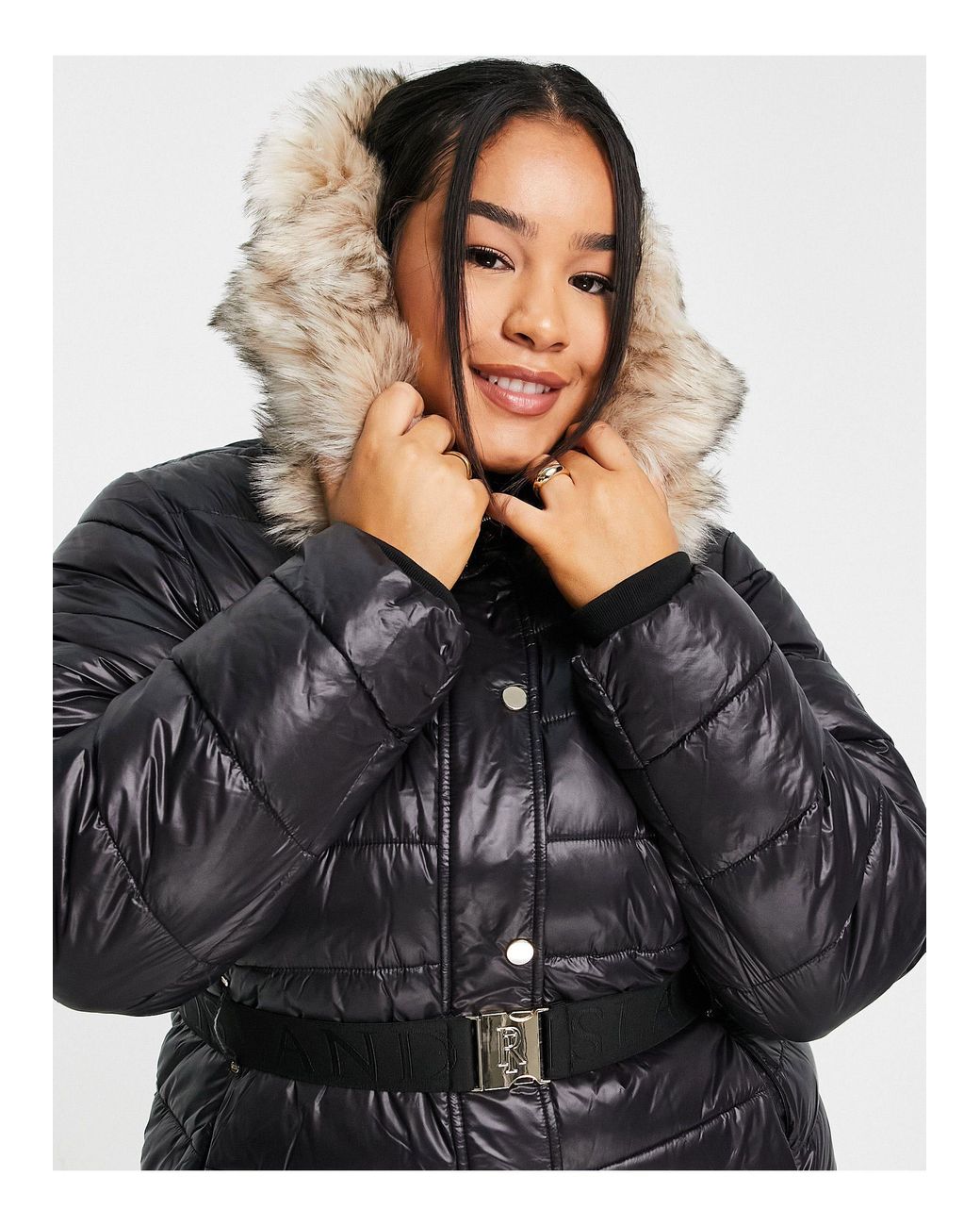 River Island Longline Padded Jacket With Faux fur Hood in Black