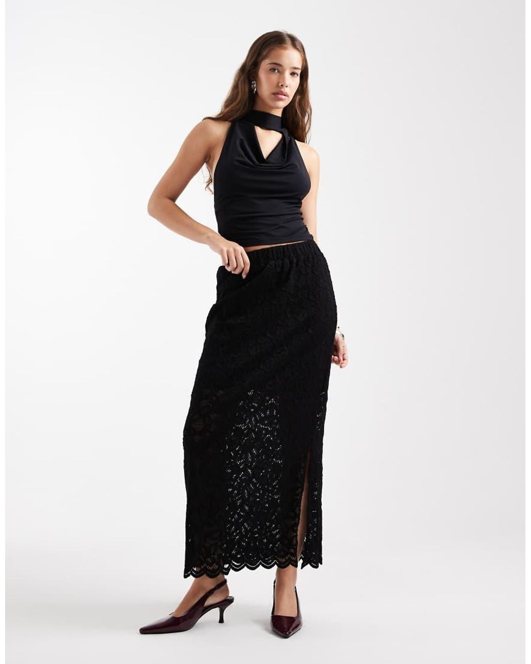 Pieces Black Lace Midi Skirt