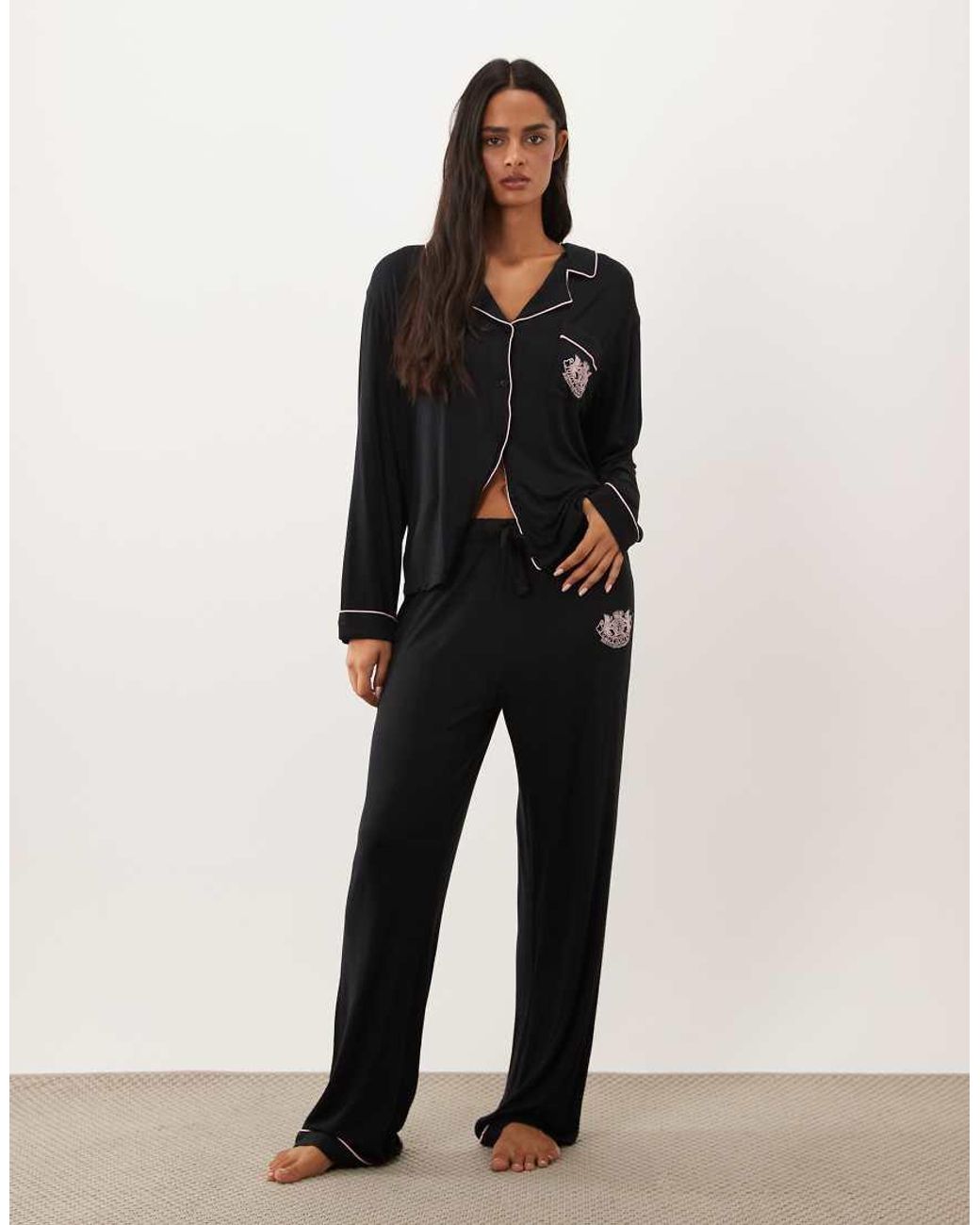 Juicy Couture Black Dog Crest Long Sleeve Revere Pyjama Set With Contrast Piping Detail