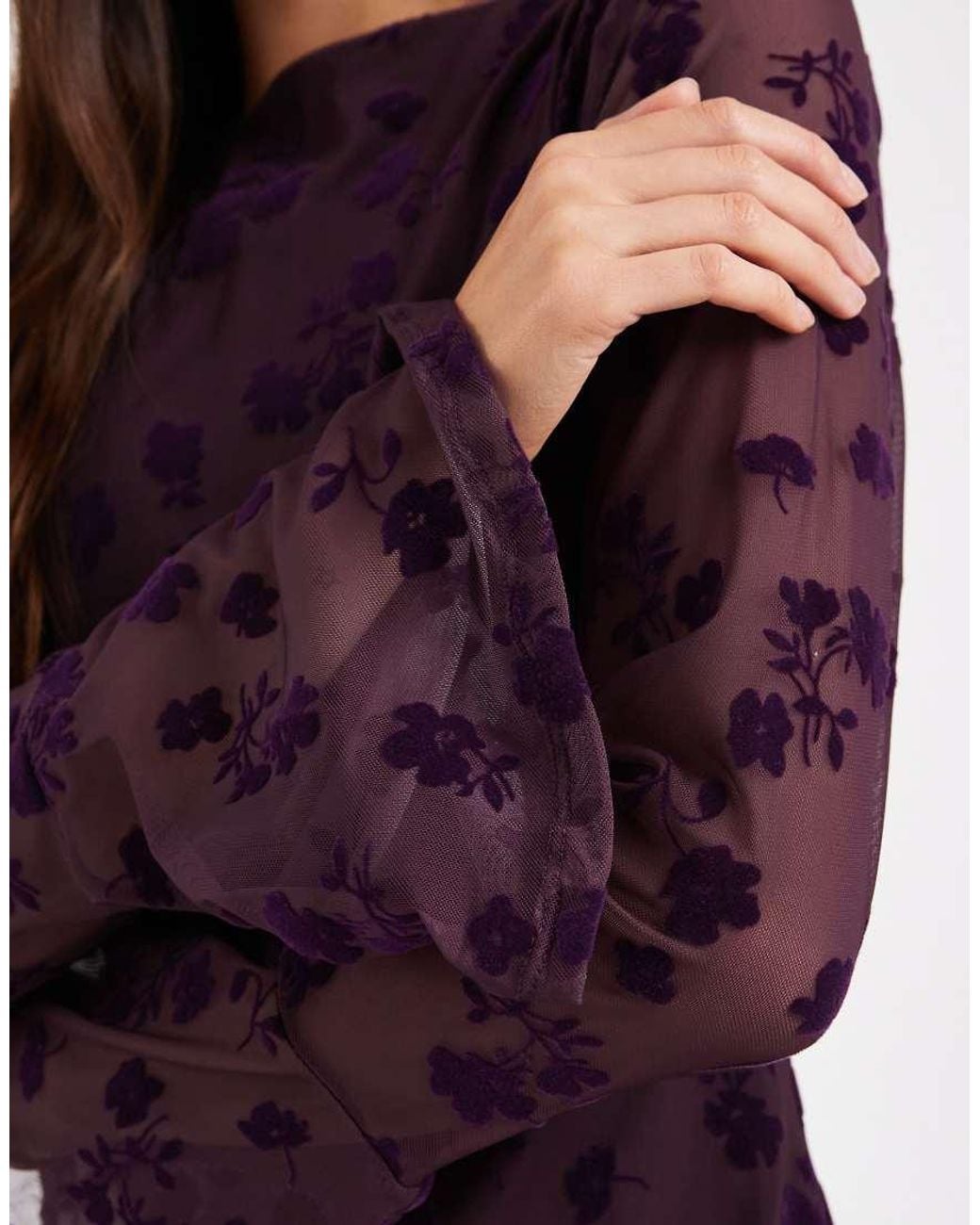 ASOS Purple Flocked Floral Mini Dress With Flute Sleeve