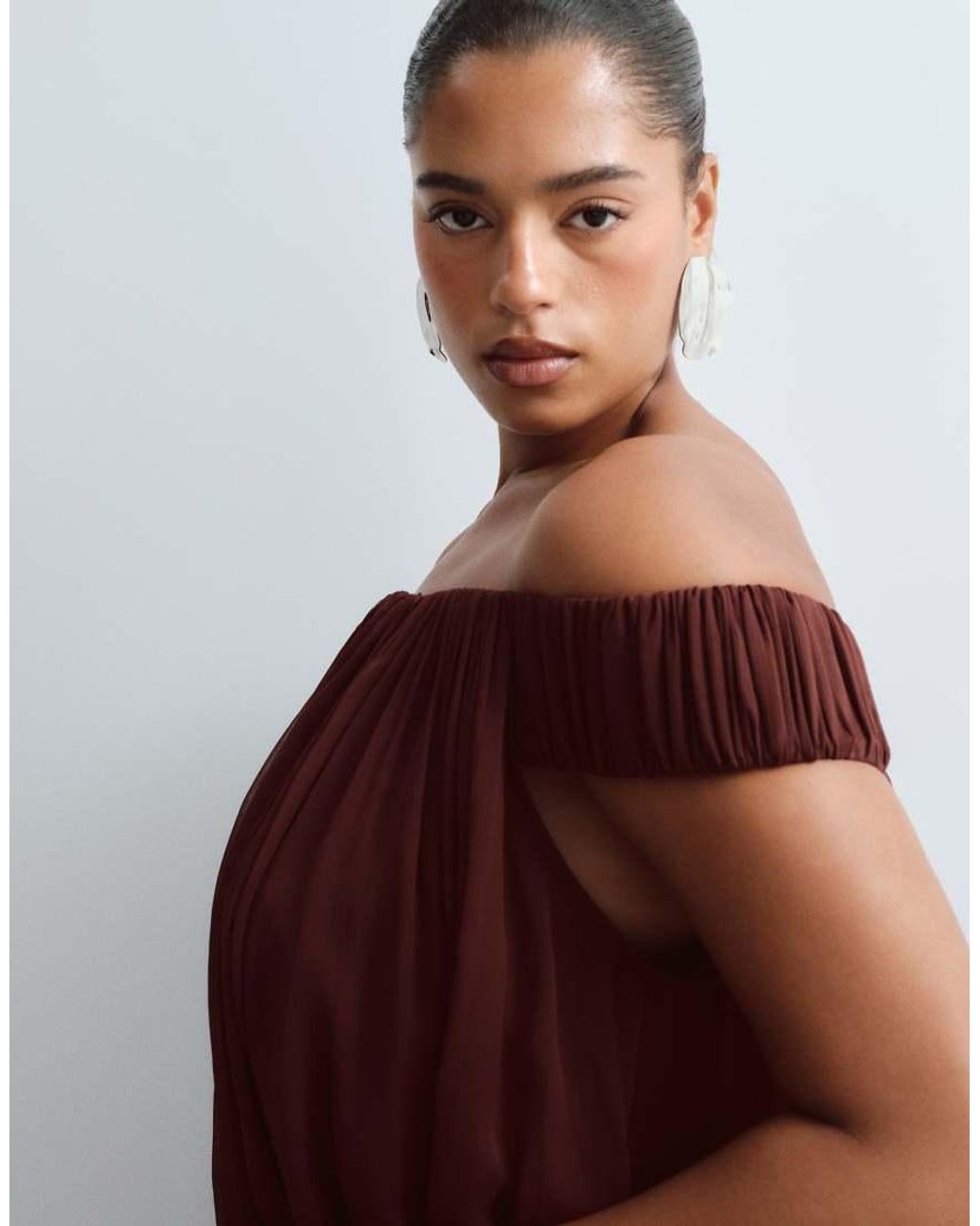 ARRANGE Brown Curve Trapeze Bardot Maxi Dress With Cape Back