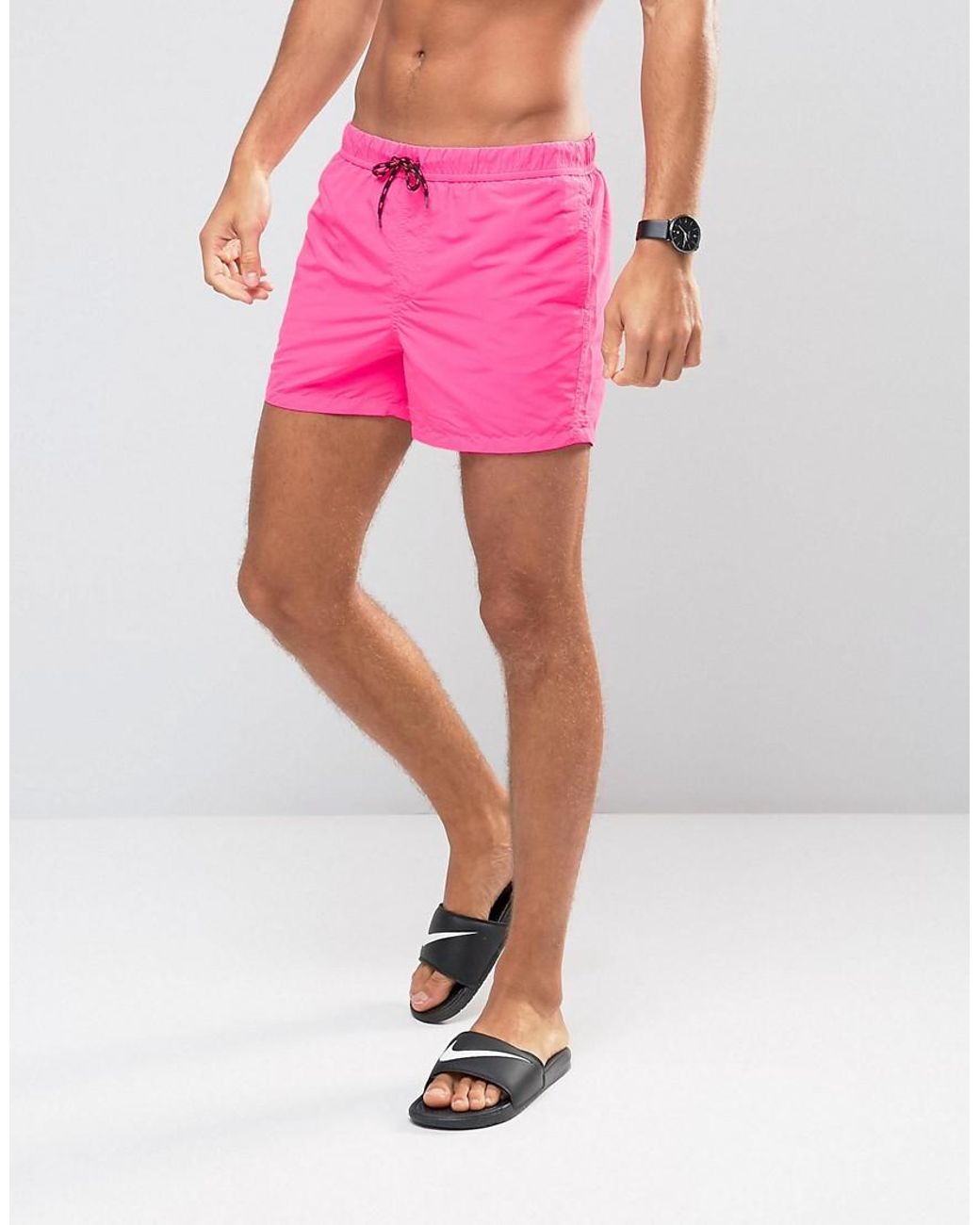 ASOS Synthetic Swim Shorts In Neon Pink Short Length for Men | Lyst