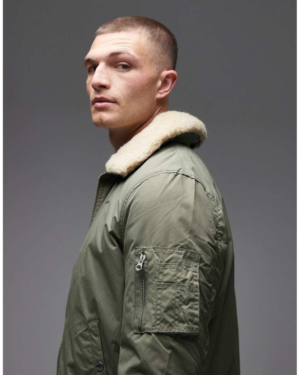 Schott Nyc Gray Logo Patch Zip Pocket Detail Cropped Padded Jacket With Faux Fur Collar for men