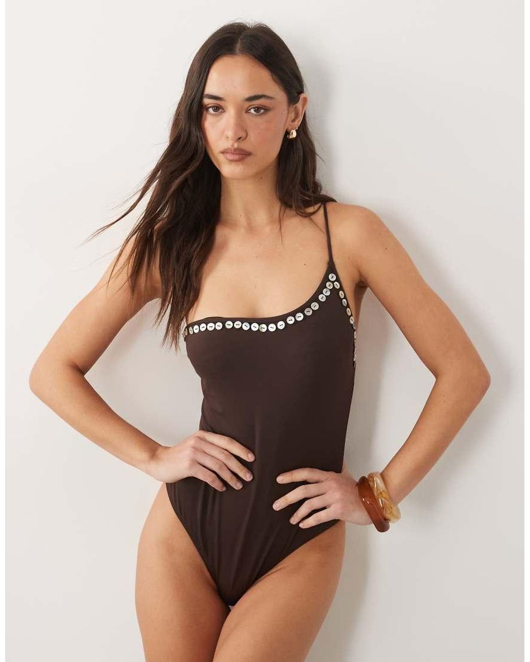 Mango Brown Button Trim One Shoulder Swim Suite
