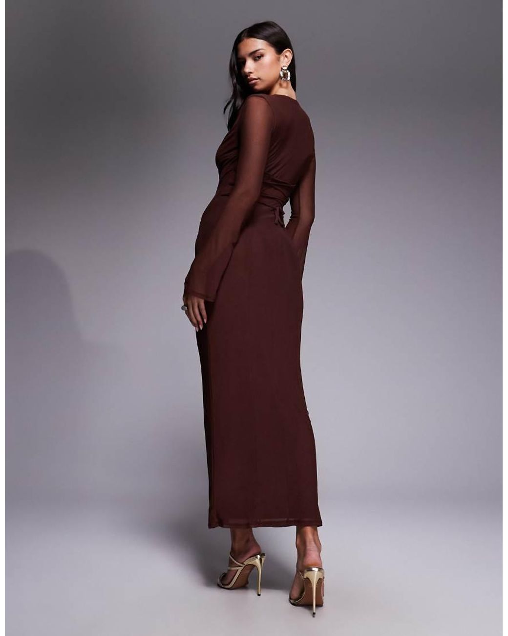 ASOS Purple Mesh Angel Sleeve Lace Up Back Long Sleeve Maxi Dress