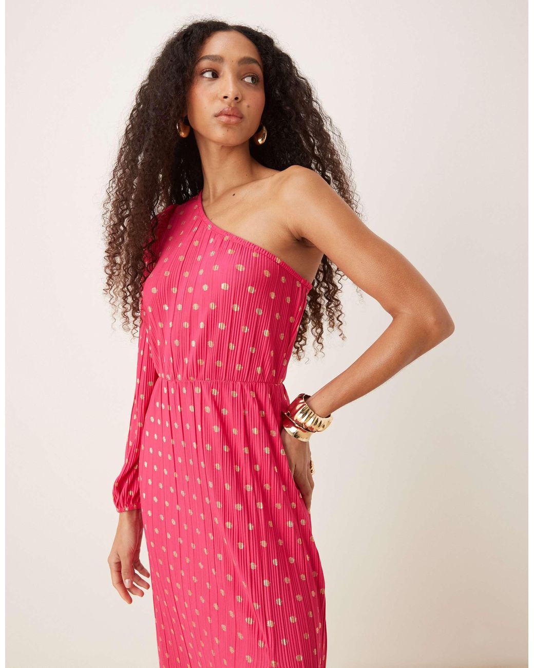 Y.A.S Foil Spot Plisse One Shoulder Maxi Dress in Pink | Lyst