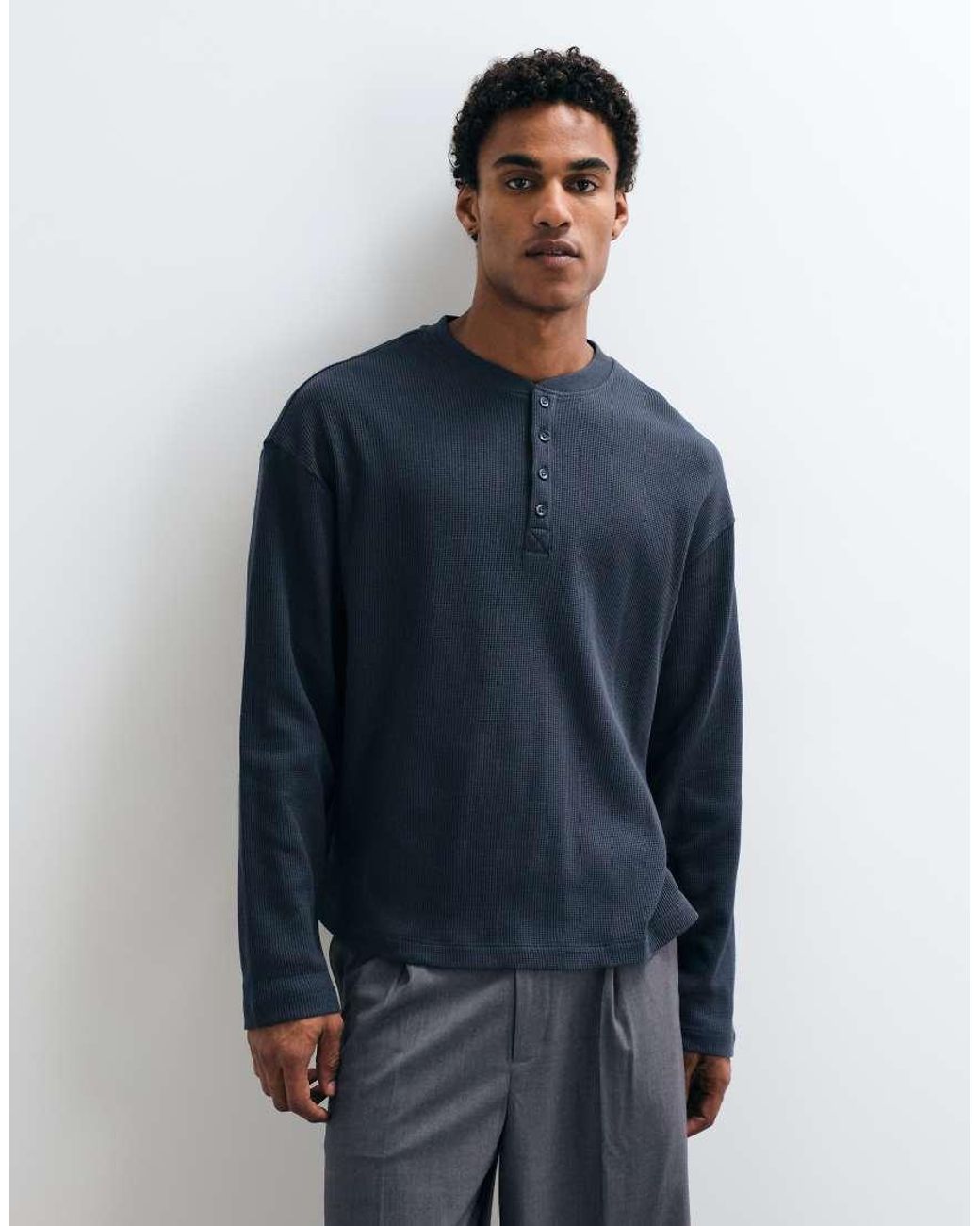 Collusion Blue Boxy Oversized Long Sleeve Henley T-shirt for men
