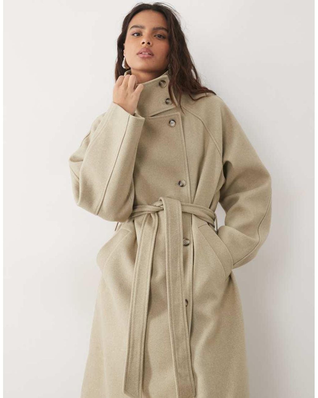 Pieces Natural Funnel Neck Belted Formal Wool-Feel Coat