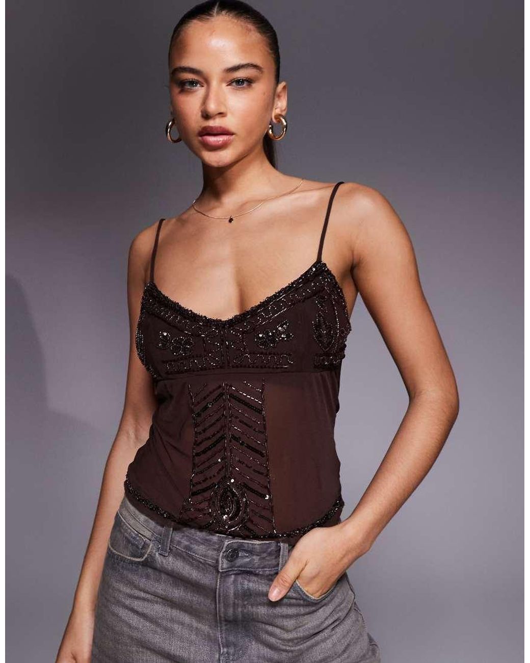 Edikted Gray Azelia Beaded Sheer Chiffon Top
