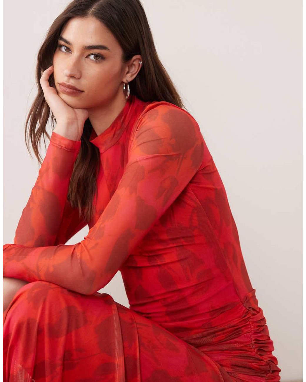 Bardot Red Lea Mesh Long Sleeve Ruched Waist Slit Front Maxi Dress