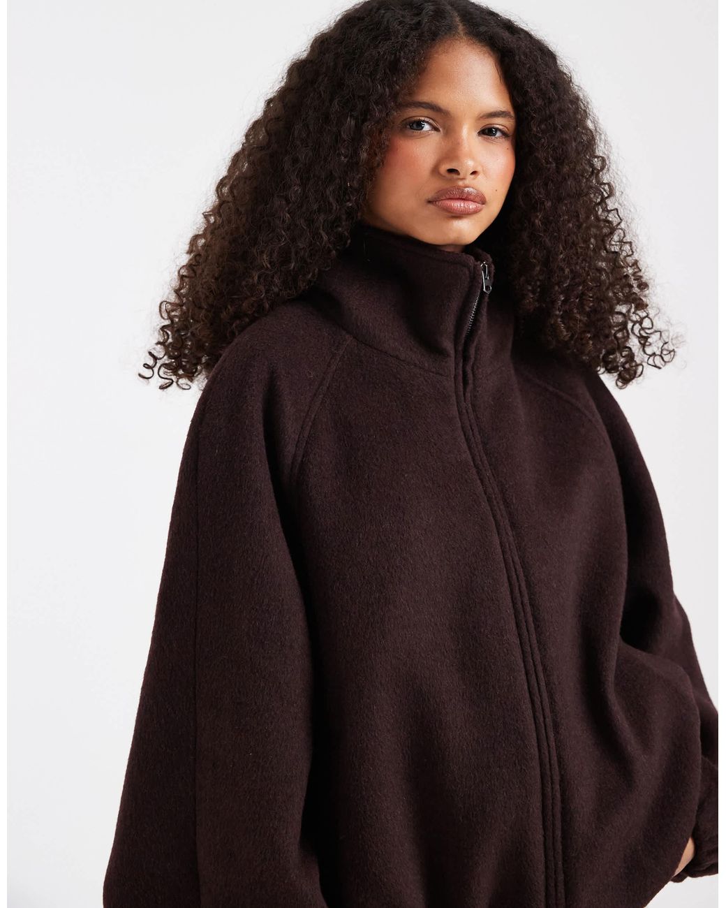 ASOS Brown Funnel Neck Bubble Hem Jacket With Wool