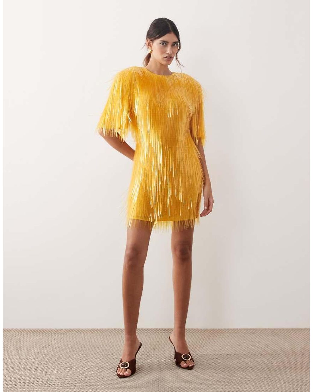 ARRANGE Yellow Shard Sequins Strong Shoulders Mini Dress