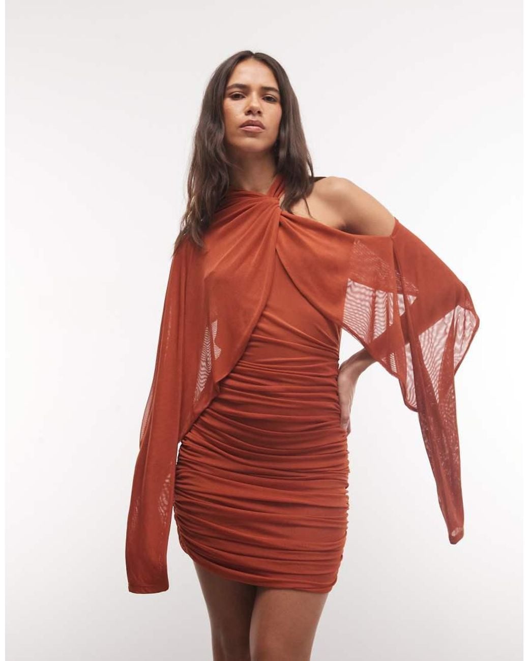 ASOS Red Mesh Asymmetric Ruched Mini Dress With Batwing Sleeve