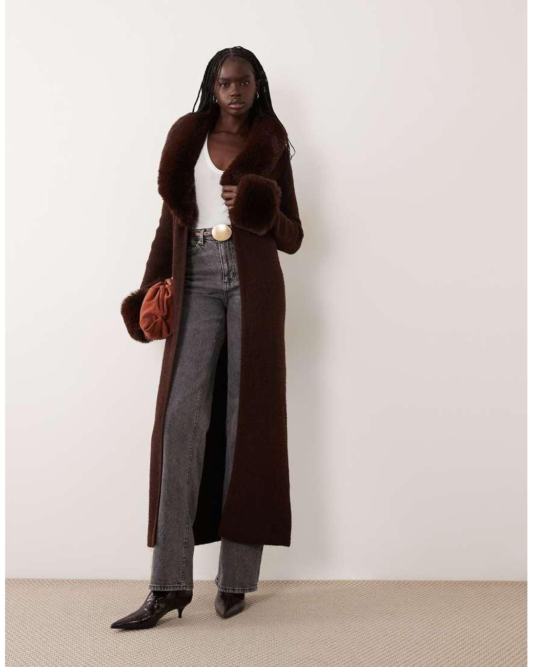 Miss Selfridge Brown Button Through Longline Cardigan With Fur Collar And Cuff