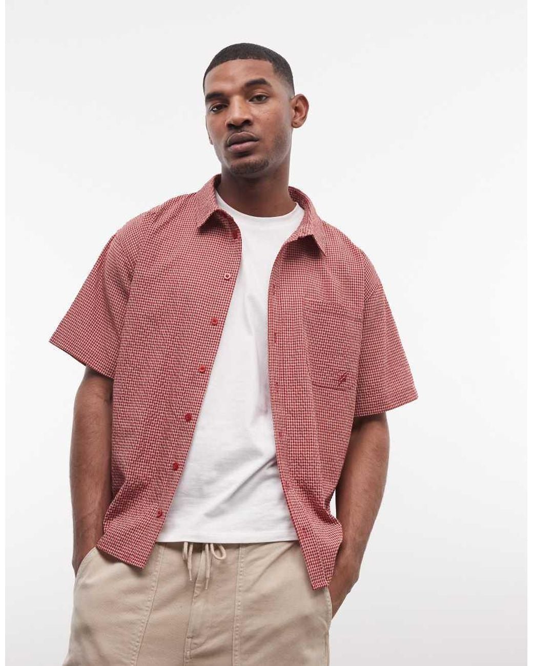 Liquor N Poker Red Boxy Micro Check Shirt for men