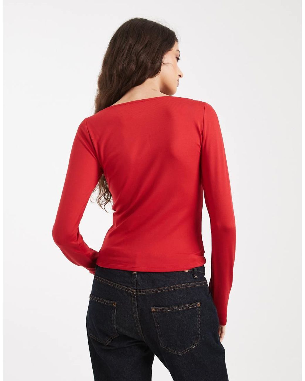 Hollister Red Long Sleeve Slash Neck Seamless Top