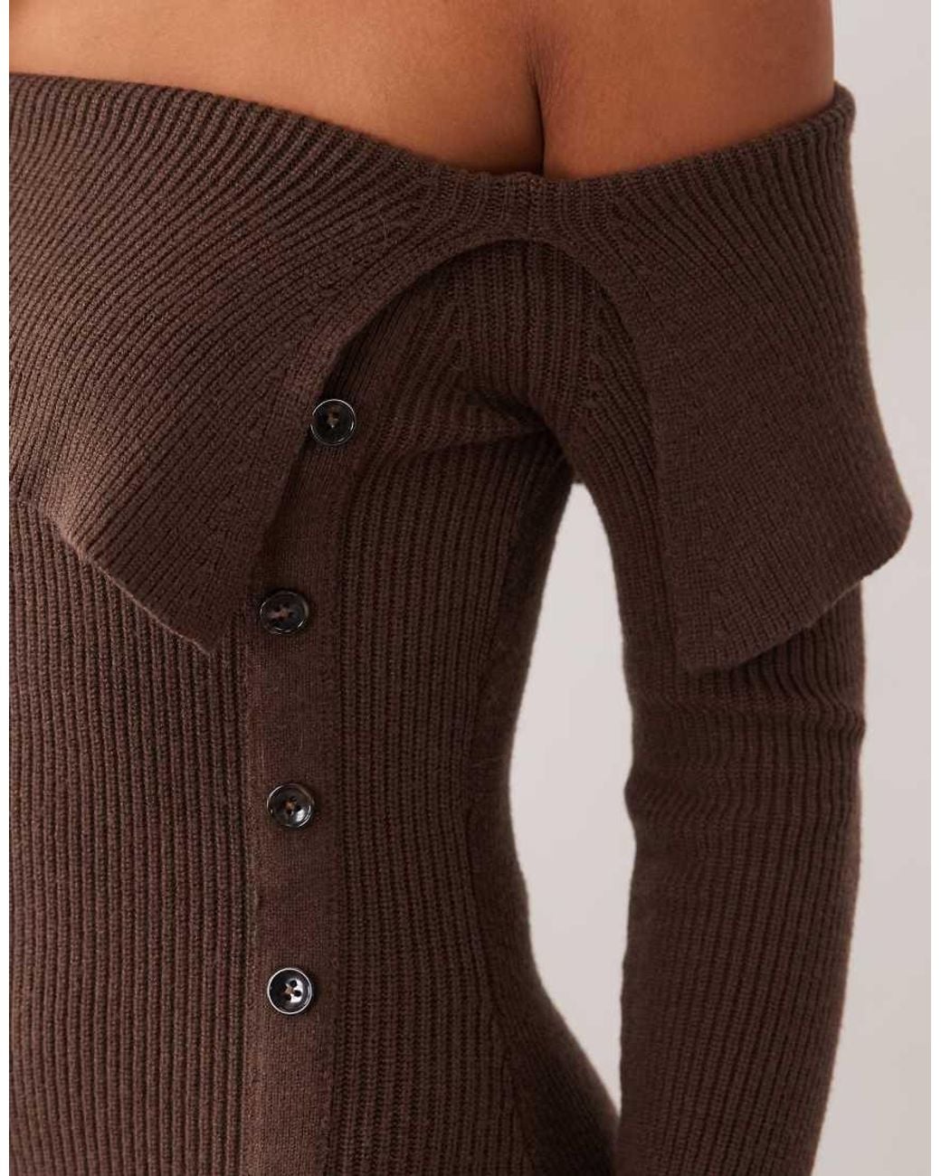 Aria Cove Brown Foldover Off Shoulder Button Down Knit Mini Dress