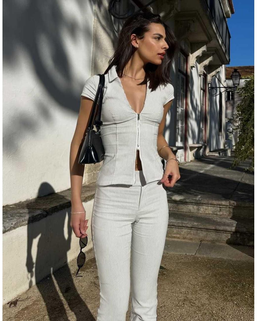 Bershka Natural Short Sleeve Zip Print Shirt