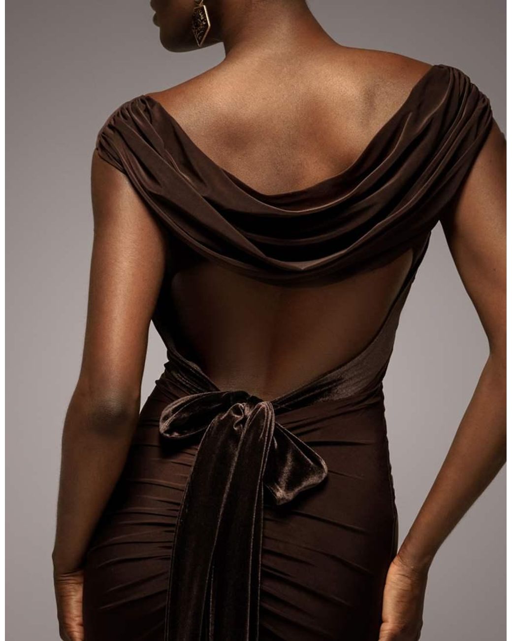 Goddiva Brown Open Back Cowl Neck Gathered Maxi Dress With Velvet Tie Back