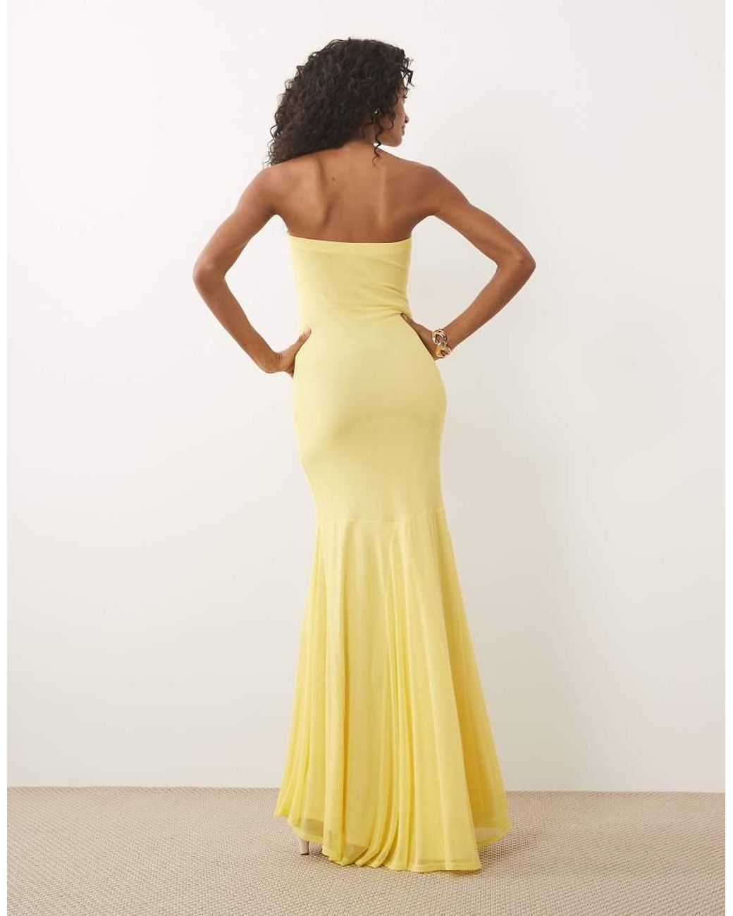 ASOS Yellow Bandeau Mesh Maxi With Godet And Train Detail