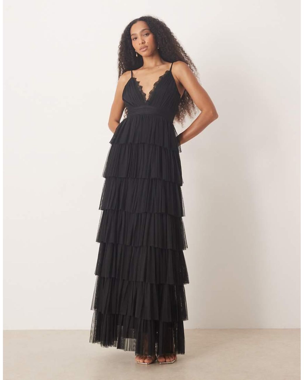 LACE & BEADS Blue V Neck Lace Tiered Tulle Maxi Dress
