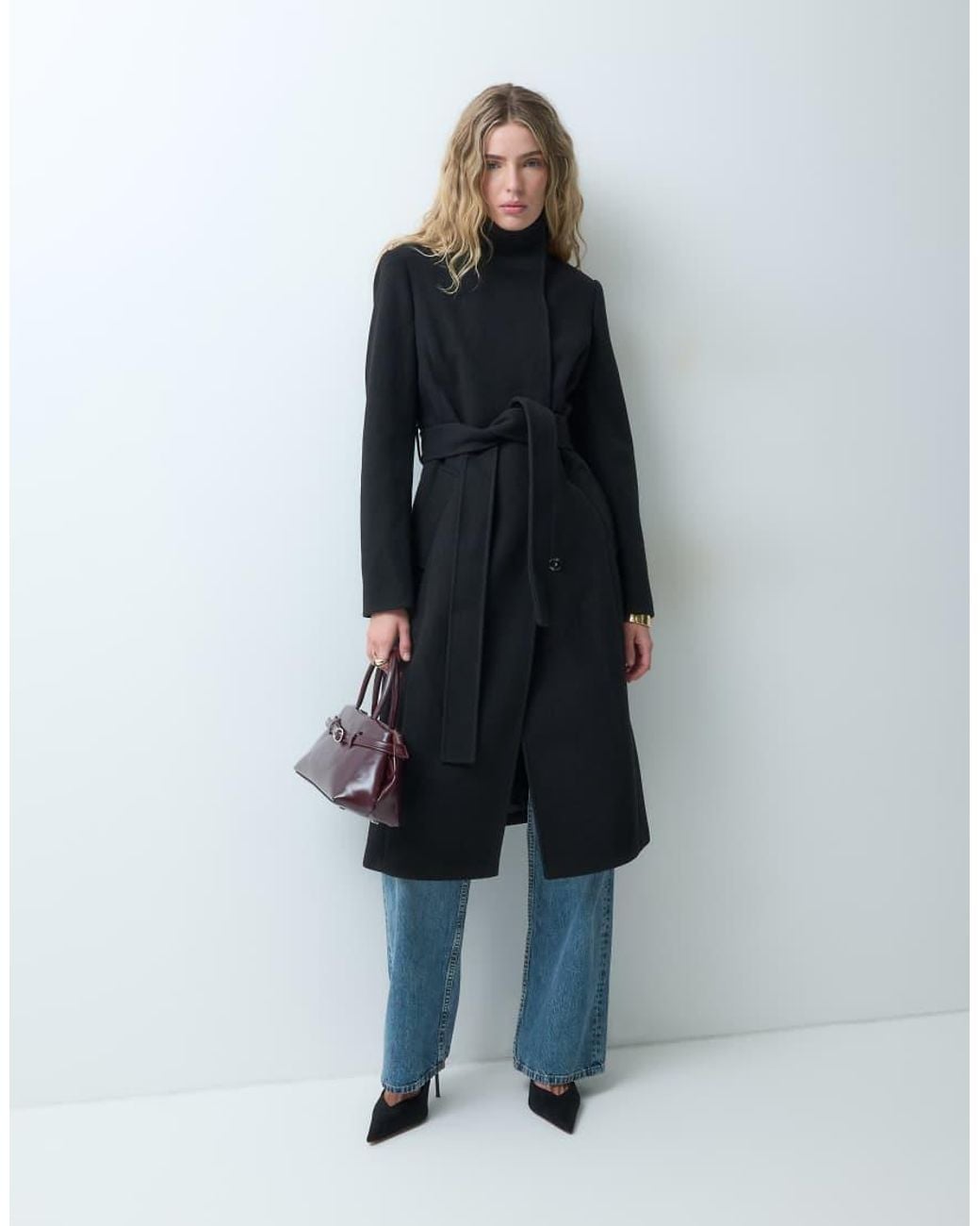 Forever New Black Wool Feel Funnel Neck Belted Long Line Coat
