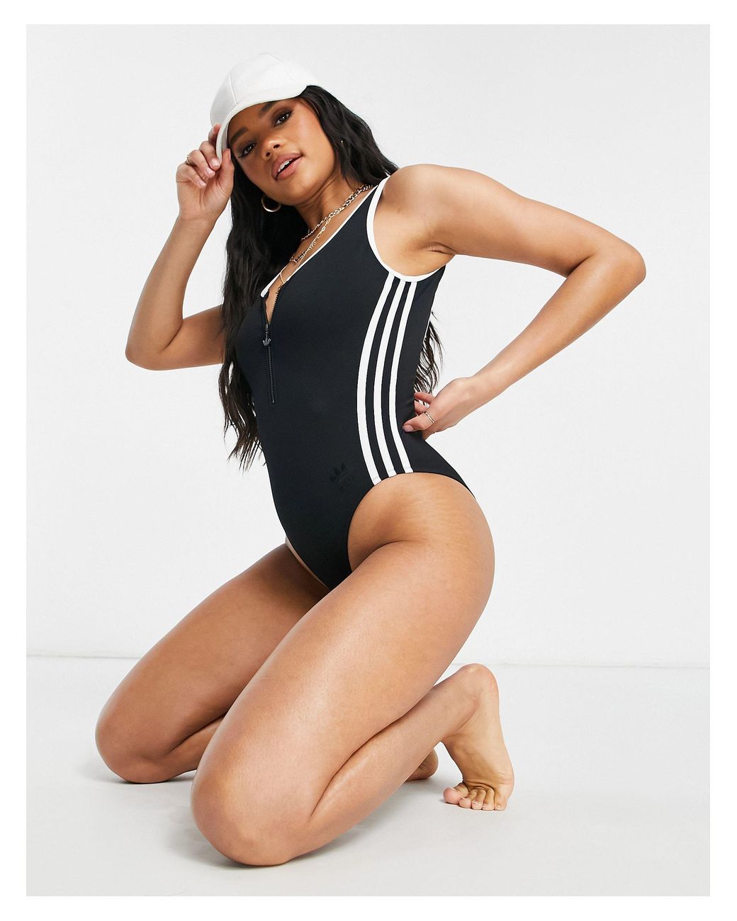 adidas Originals Adicolor Three Stripe Zip Up Swimsuit in Black | Lyst