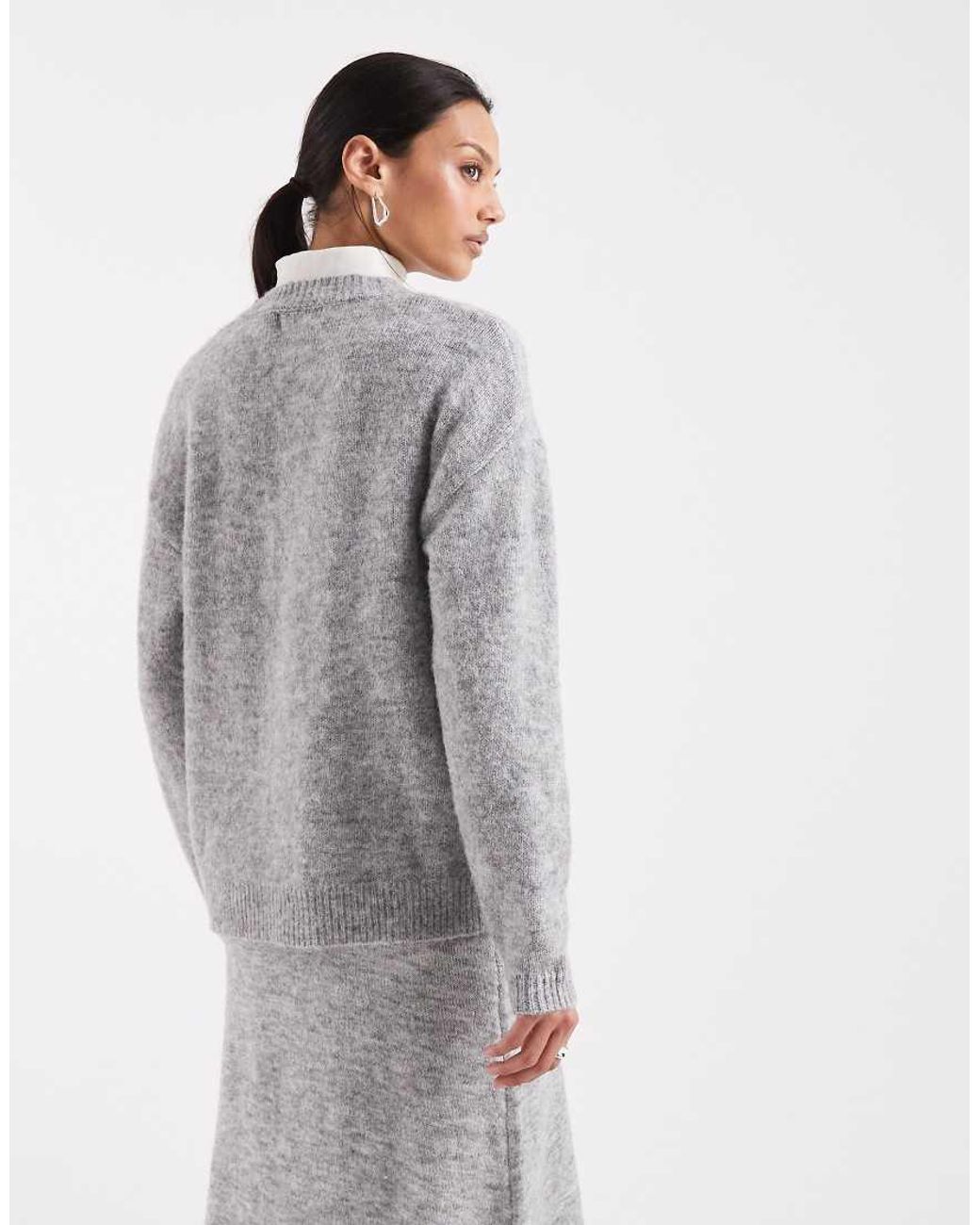 Pieces Gray Fluffy Knitted V-neck Slouchy Cardigan Co-ord