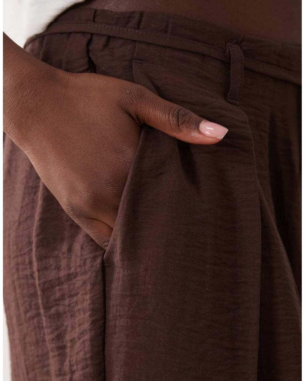 ASOS Brown Textured Wide Leg Trousers With Tie Waist