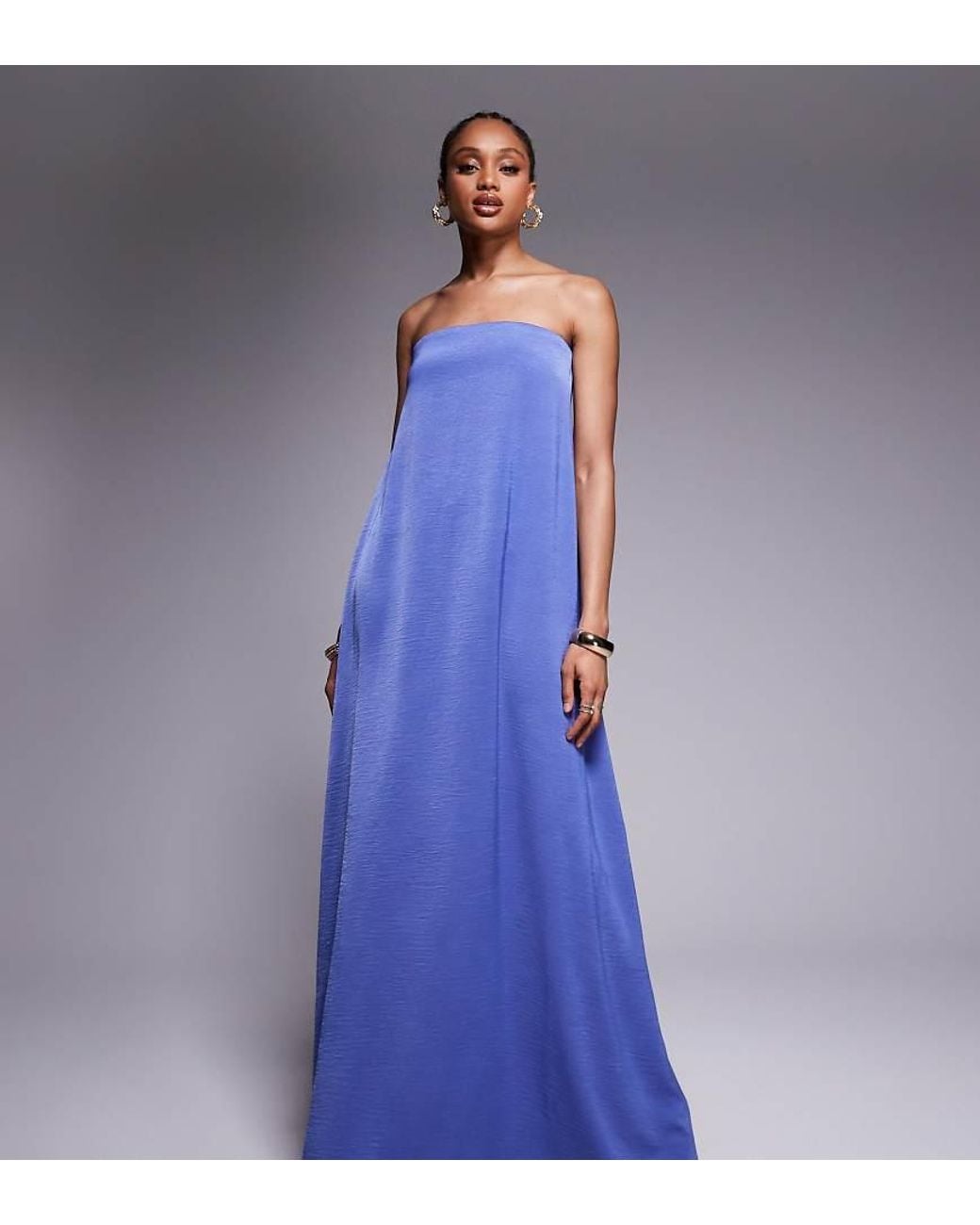 ASOS Blue Asos Design Tall Bandeau Trapeze Satin Maxi Dress