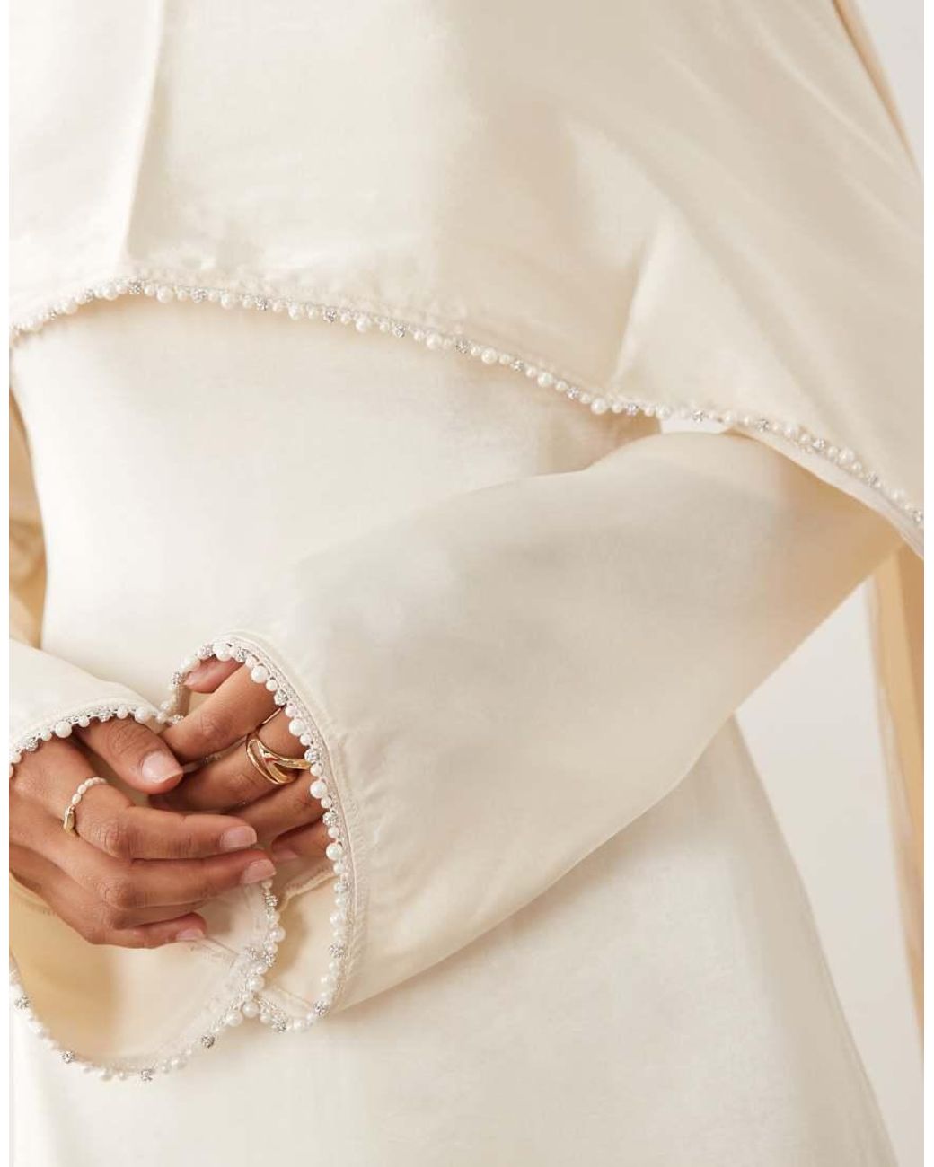 JW PEI Natural Satin Pearl Trimmed Cape Sleeve Maxi Dress