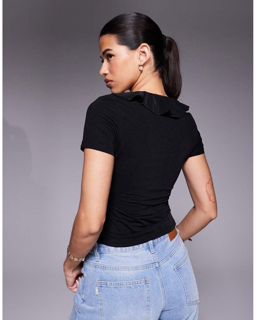 ASOS Gray Semi Sheer Short Sleeve V Neck Ruffle Front Top