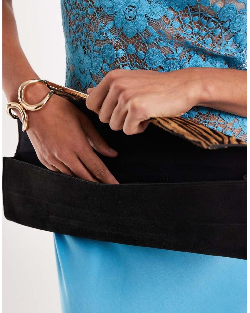 ASOS Blue Suede & Hair On Real Leather With Tiger Print Elongated Clutch Bag With Bar Detail