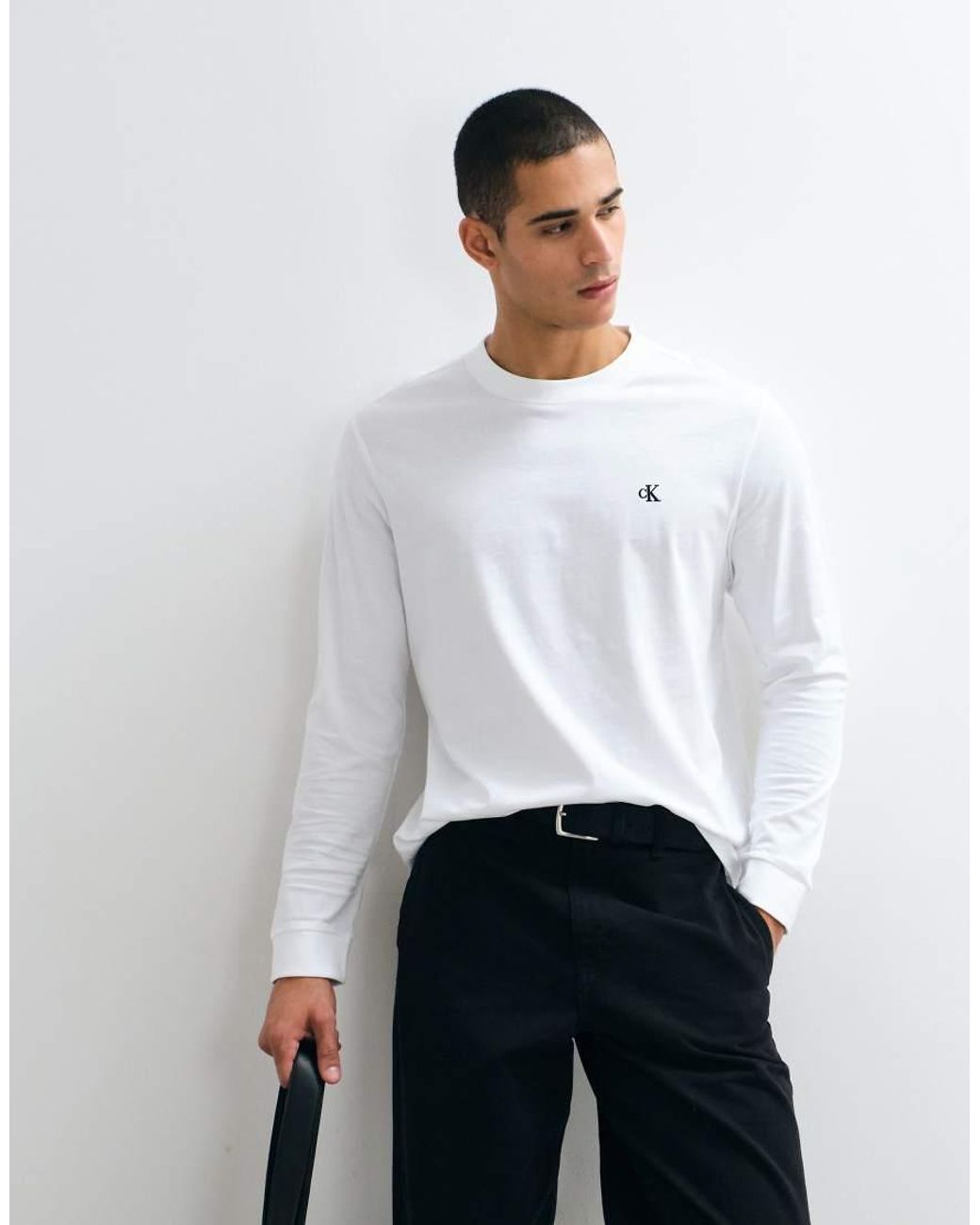 Calvin Klein White Monogram Long Sleeve T-Shirt for men