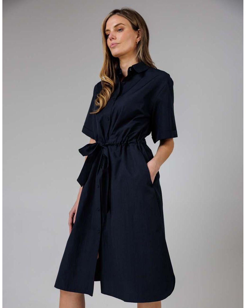 French Connection Blue Cotton Blend Short Sleeve Tie Waist Poplin Midi Shirt Dress