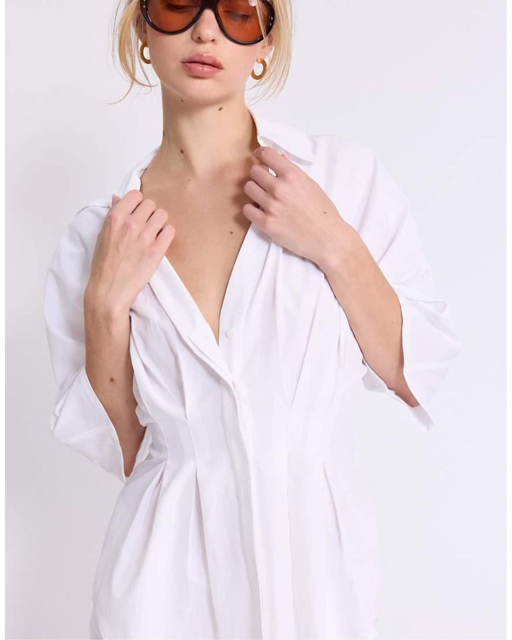 Stradivarius White Poplin Shirt With Kimono Sleeves And Pleats