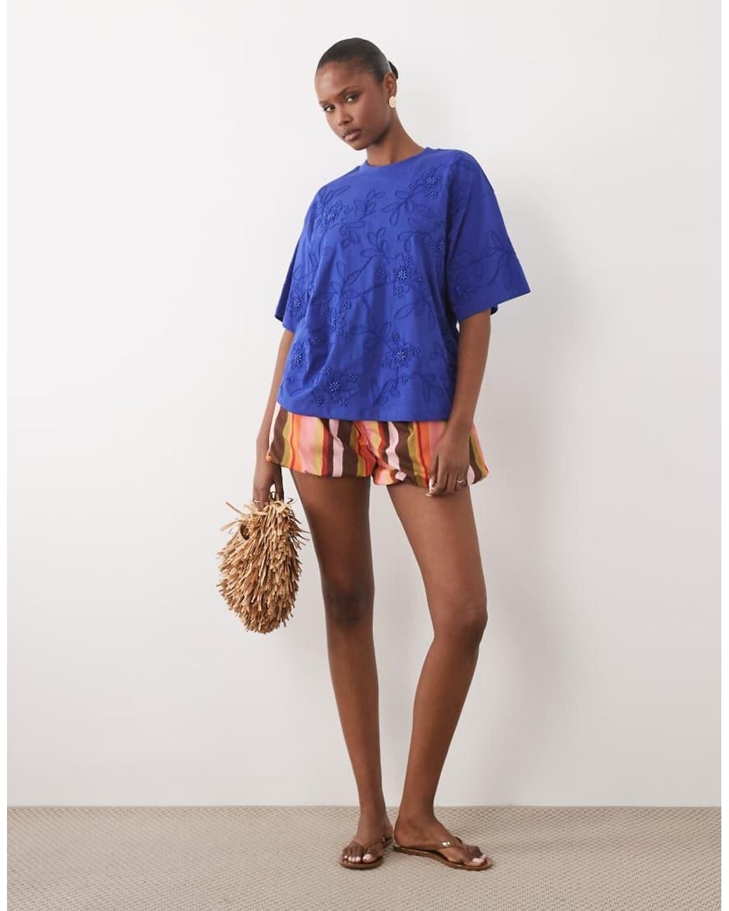 ASOS Blue Boxy Tee With Embroidered Flowers