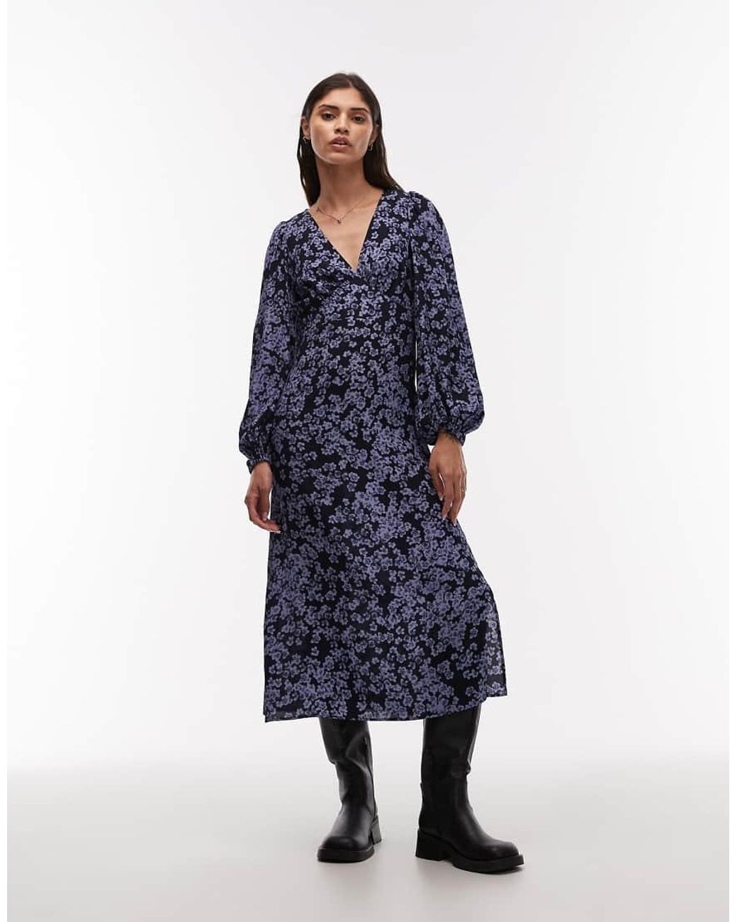 & Other Stories Blue Midi Dress With Side Splits And Volume Sleeves