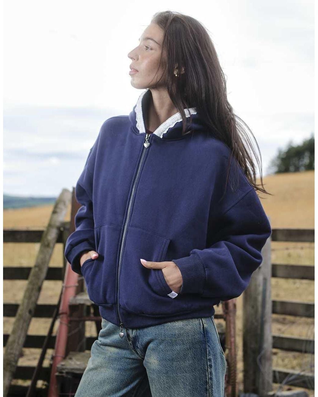Daisy Street Blue T Zip Up Boxy Hoodie With Broderie Hood Trim